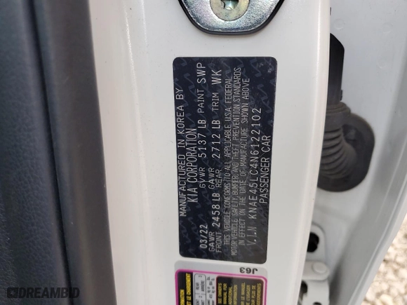 2022 Kia Stinger GT1 with VIN KNAE45LC4N6122102, listed as a Copart auction lot 57122094 with 15,491 mi miles and Salvage Title. Bid and sale history available at carsss.com. Image 12.