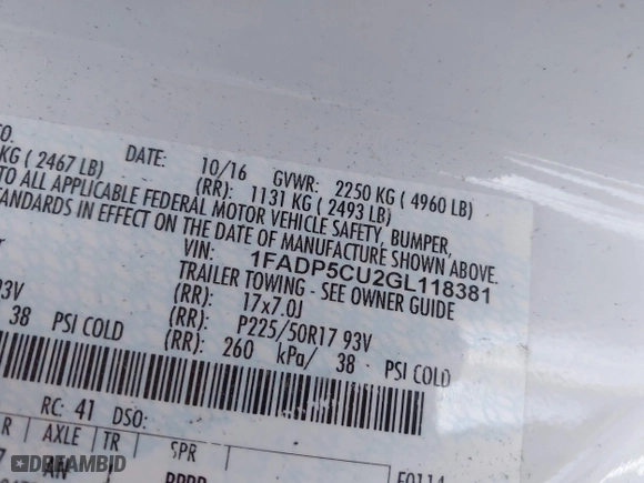 2016 Ford C-Max Energi SEL with VIN 1FADP5CU2GL118381, listed as a IAAI auction lot 41516426 with 220,361 mi miles. Bid and sale history available at carsss.com. Image 9.