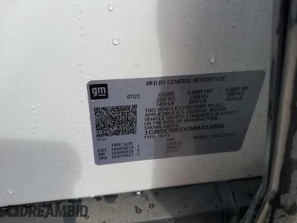 2021 Chevrolet Tahoe LT z VIN 1GNSCNKD0MR418886, wystawiony jako Copart lot #54391335 z przebiegiem 94 264 mil mil oraz Szkoda całkowita • Salvage title. Historia ofert i sprzedaży dostępna na DreamBid. Obrazek 13.