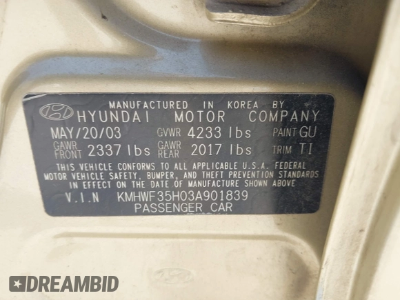2003 Hyundai Sonata GLS with VIN KMHWF35H03A901839, listed as a IAAI auction lot 40601987 with 171,580 mi miles. Bid and sale history available at carsss.com. Image 9.