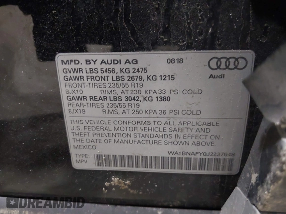 2018 Audi Q5 Premium Plus with VIN WA1BNAFY0J2237648, listed as a IAAI auction lot 41749808 with 103,566 mi miles. Bid and sale history available at carsss.com. Image 9.