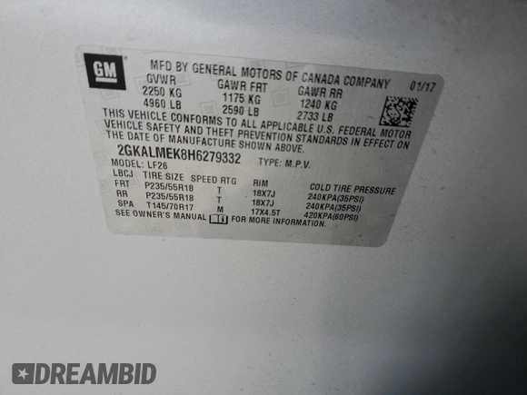 2017 GMC Terrain SLE with VIN 2GKALMEK8H6279332, listed as a Copart auction lot 85909124 with 48,423 mi miles and Salvage Title. Bid and sale history available at carsss.com. Image 14.