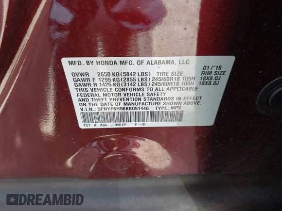 2019 Honda Pilot EX-L with VIN 5FNYF6H56KB051446, listed as a IAAI auction lot 42814703 with 72,299 mi miles and . Bid and sale history available at DreamBid. Image 9.