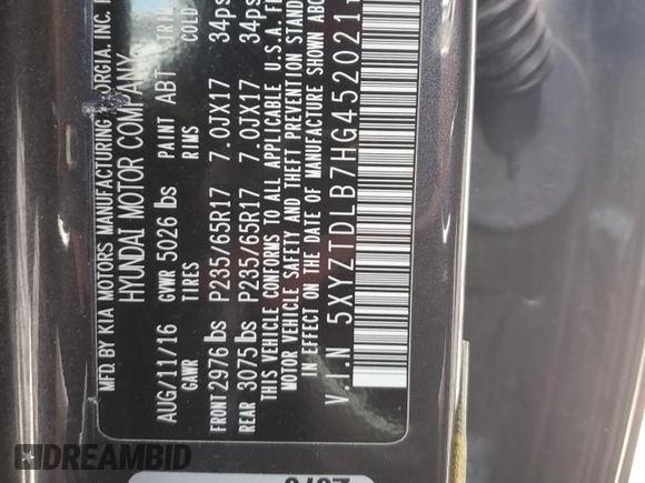 2017 Hyundai Santa Fe 2.4L with VIN 5XYZTDLB7HG452021, listed as a Copart auction lot 62024935 with 106,906 mi miles and Salvage title. Bid and sale history available at DreamBid. Image 14.
