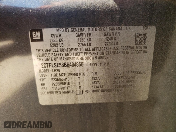 2011 GMC Terrain SLE-2 with VIN 2CTFLSE58B6404860, listed as a Copart auction lot 61456805 with 189,537 mi miles and Clean title. Bid and sale history available at DreamBid. Image 13.