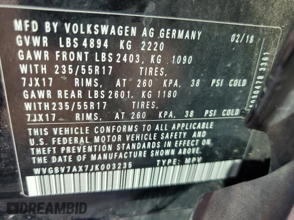2018 Volkswagen Tiguan with VIN WVGBV7AX7JK003235, listed as a Copart auction lot 47891975 with 132,996 mi miles and Salvage Title. Bid and sale history available at DreamBid. Image 13.