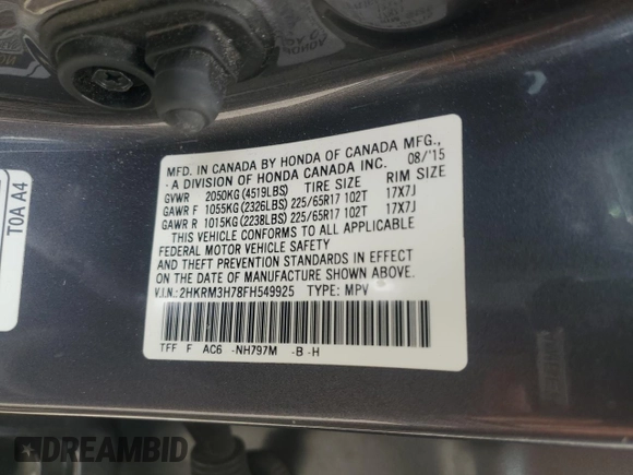2015 Honda CR-V EX-L with VIN 2HKRM3H78FH549925, listed as a Copart auction lot 51693725 with 116,637 mi miles and Salvage Title. Bid and sale history available at carsss.com. Image 13.