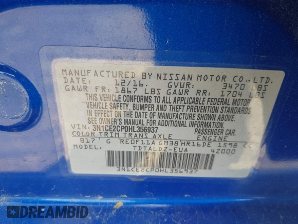 2017 Nissan Note SV z VIN 3N1CE2CP0HL356937, wystawiony jako IAAI lot #42124706 z przebiegiem 107 114 mil mil oraz . Historia ofert i sprzedaży dostępna na DreamBid. Obrazek 9.