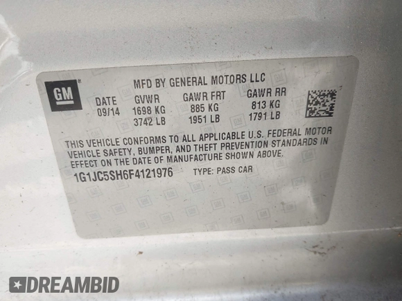 2015 Chevrolet Sonic LT with VIN 1G1JC5SH6F4121976, listed as a IAAI auction lot 42143052 with 63,885 mi miles and . Bid and sale history available at DreamBid. Image 9.