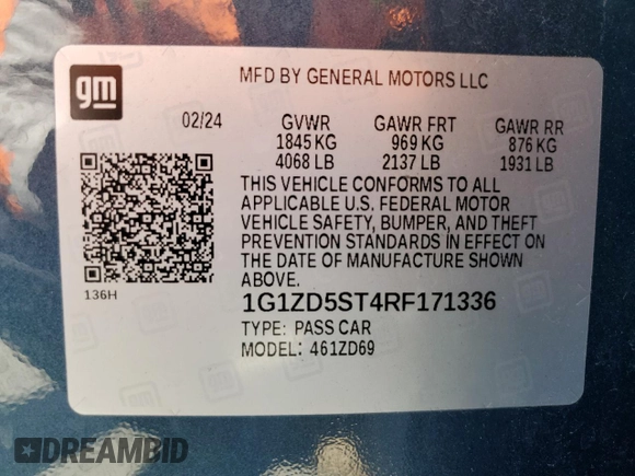 2024 Chevrolet Malibu LT with VIN 1G1ZD5ST4RF171336, listed as a Copart auction lot 56250115 with 26,694 mi miles and Clean Title. Bid and sale history available at DreamBid. Image 12.