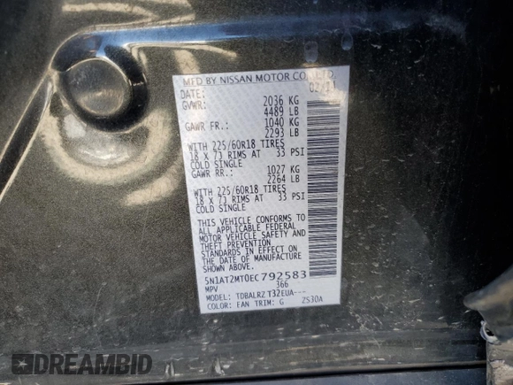 2014 Nissan Rogue SV with VIN 5N1AT2MT0EC792583, listed as a Copart auction lot 46142005 with Not Provided miles and Salvage Title. Bid and sale history available at carsss.com. Image 12.