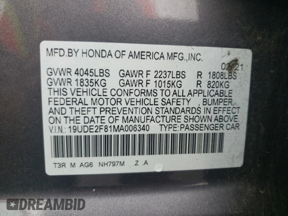 2021 Acura ILX Premium with VIN 19UDE2F81MA006340, listed as a Copart auction lot 60345715 with 106,799 mi miles and Salvage title. Bid and sale history available at DreamBid. Image 12.