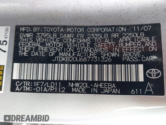 2008 Toyota Prius z VIN JTDKB20U687731326, wystawiony jako IAAI lot #42408705 z przebiegiem 219 147 mil mil oraz . Historia ofert i sprzedaży dostępna na DreamBid. Obrazek 9.