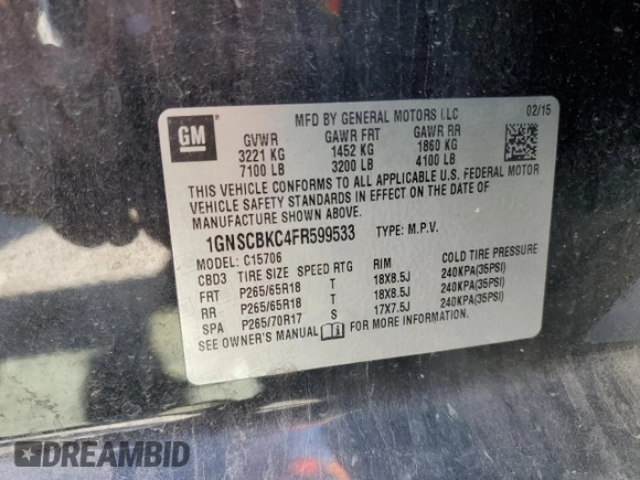 2015 Chevrolet Tahoe LT with VIN 1GNSCBKC4FR599533, listed as a Copart auction lot 50995255 with Not provided miles and Salvage title. Bid and sale history available at DreamBid. Image 14.