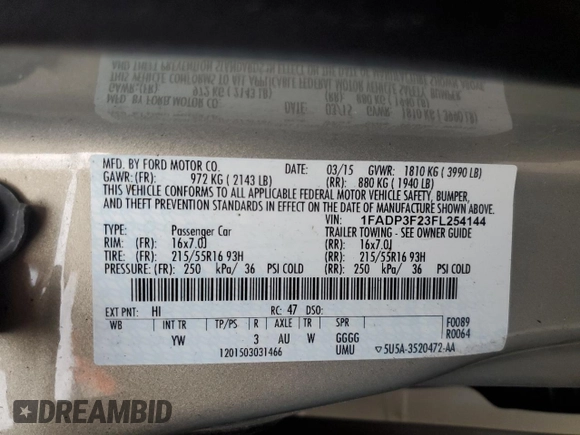 2015 Ford Focus SE with VIN 1FADP3F23FL254144, listed as a Copart auction lot 58238185 with 159,919 mi miles and Clean title. Bid and sale history available at DreamBid. Image 12.
