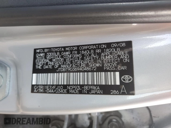 2009 Toyota Yaris with VIN JTDBT903694048672, listed as a Copart auction lot 50515315 with 67,922 mi miles and Salvage Title. Bid and sale history available at DreamBid. Image 14.
