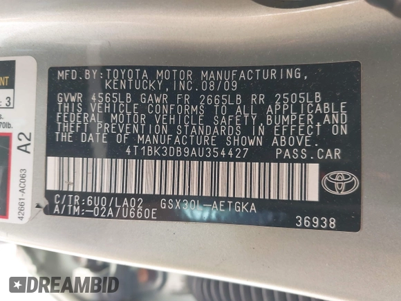 2010 Toyota Avalon XL with VIN 4T1BK3DB9AU354427, listed as a IAAI auction lot 41614018 with Not Provided miles and . Bid and sale history available at carsss.com. Image 9.