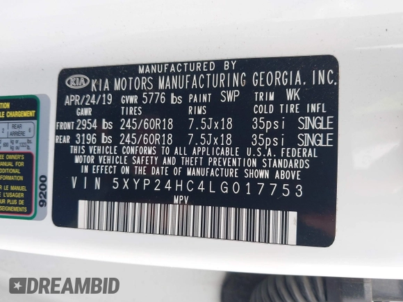 2020 Kia Telluride LX with VIN 5XYP24HC4LG017753, listed as a IAAI auction lot 41936146 with 125,797 mi miles and . Bid and sale history available at DreamBid. Image 9.