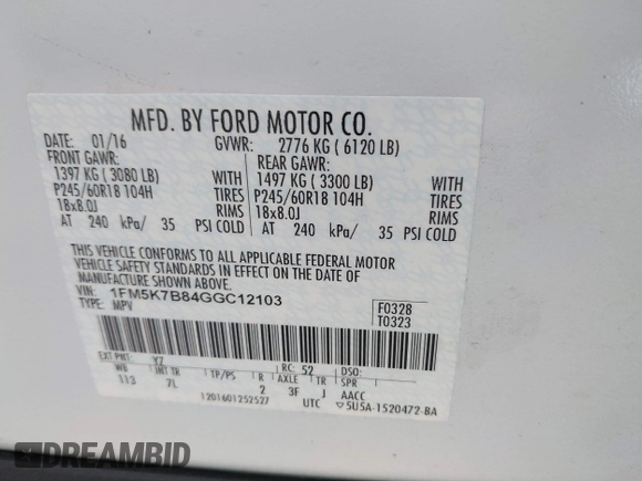2016 Ford Explorer с VIN 1FM5K7B84GGC12103, выставлен на аукционе IAAI как лот 41833559 с пробегом 145 238 миль миль и . История ставок и продаж доступна на DreamBid. Изображение 9.