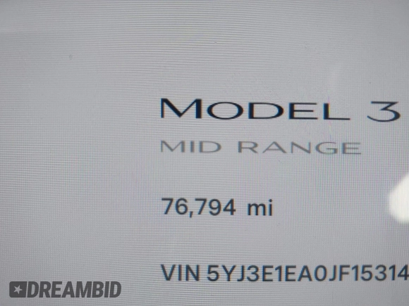 2018 Tesla Model 3 Long Range Battery with VIN 5YJ3E1EA0JF153146, listed as a IAAI auction lot 41621919 with 76,794 mi miles and . Bid and sale history available at DreamBid. Image 7.