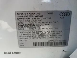 2022 Audi Q5 Premium with VIN WA1ABAFY1N2124432, listed as a Copart auction lot 46852544 with 11,442 mi miles and Salvage title. Bid and sale history available at DreamBid. Image 12.