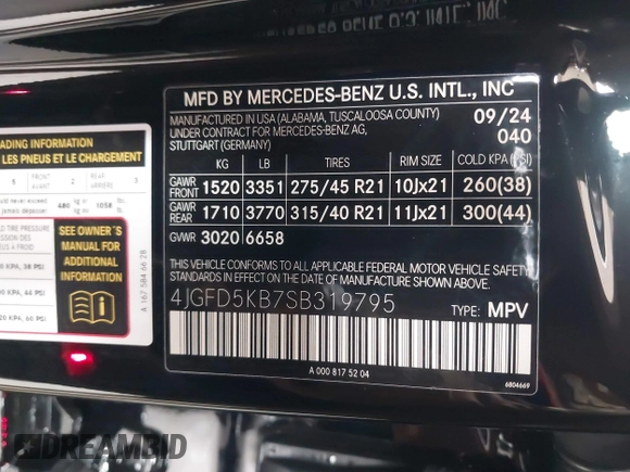 2025 Mercedes-Benz GLE 450 with VIN 4JGFD5KB7SB319795, listed as a IAAI auction lot 42284819 with 3,711 mi miles and . Bid and sale history available at DreamBid. Image 9.