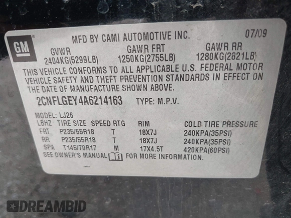 2010 Chevrolet Equinox LTZ with VIN 2CNFLGEY4A6214163, listed as a IAAI auction lot 42122999 with Not Provided miles and . Bid and sale history available at DreamBid. Image 9.