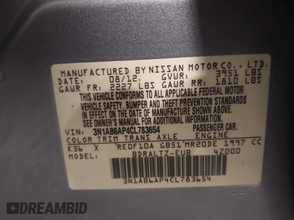 2012 Nissan Sentra S with VIN 3N1AB6AP4CL783654, listed as a IAAI auction lot 42023570 with 152,960 mi miles and . Bid and sale history available at DreamBid. Image 9.