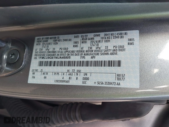 2022 Ford Escape SE with VIN 1FMCU9G61NUA46805, listed as a IAAI auction lot 41465225 with 24,129 mi miles and . Bid and sale history available at DreamBid. Image 9.