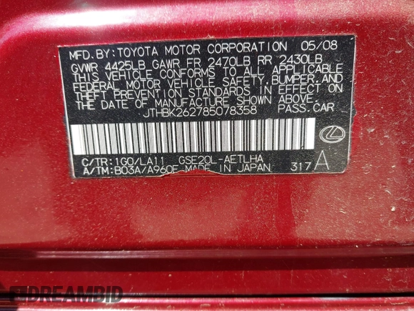 2008 Lexus IS 250 z VIN JTHBK262785078358, wystawiony jako IAAI lot #42059601 z przebiegiem 193 641 mil mil oraz . Historia ofert i sprzedaży dostępna na DreamBid. Obrazek 9.