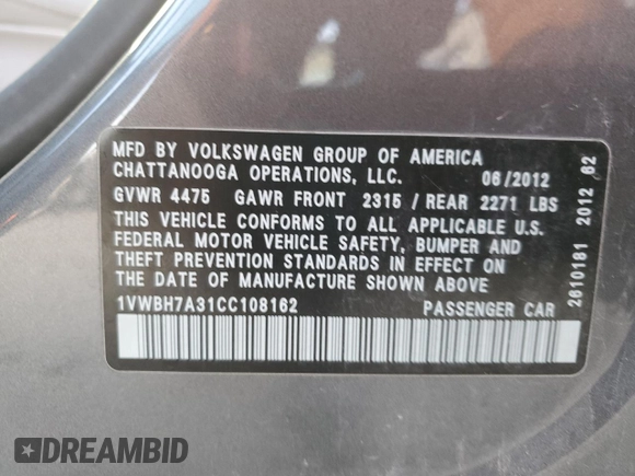 2012 Volkswagen Passat SE z VIN 1VWBH7A31CC108162, wystawiony jako Copart lot #49001885 z przebiegiem 104 309 mil mil oraz Szkoda całkowita • Salvage title. Historia ofert i sprzedaży dostępna na DreamBid. Obrazek 12.