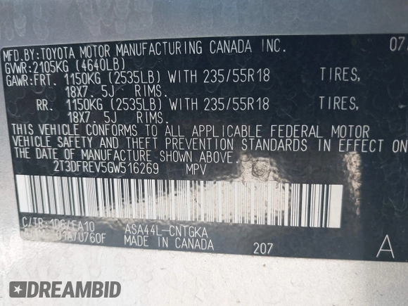 2016 Toyota RAV4 Limited with VIN 2T3DFREV5GW516269, listed as a IAAI auction lot 42325507 with 68,349 mi miles and . Bid and sale history available at DreamBid. Image 9.