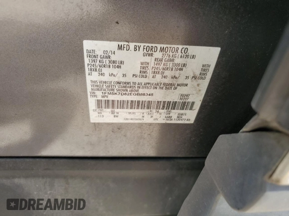 2014 Ford Explorer XLT with VIN 1FM5K7D82EGB88345, listed as a Copart auction lot 53106385 with 133,135 mi miles and Clean Title. Bid and sale history available at carsss.com. Image 13.
