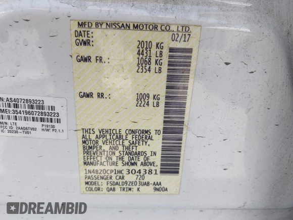2017 Nissan LEAF SV with VIN 1N4BZ0CP1HC304381, listed as a IAAI auction lot 42532396 with 117,931 mi miles and . Bid and sale history available at DreamBid. Image 9.