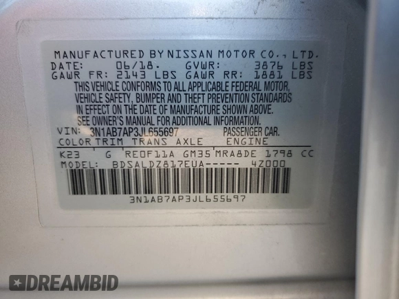 2018 Nissan Sentra SV with VIN 3N1AB7AP3JL655697, listed as a Copart auction lot 48708675 with 111,175 mi miles and Salvage Title. Bid and sale history available at carsss.com. Image 12.