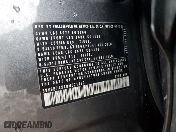 2024 Volkswagen Tiguan SE R-Line Black с VIN 3VV8B7AX4RM021480, выставлен на аукционе Copart как лот 47647075 с пробегом Не указан миль и Списание • Salvage title. История ставок и продаж доступна на DreamBid. Изображение 15.