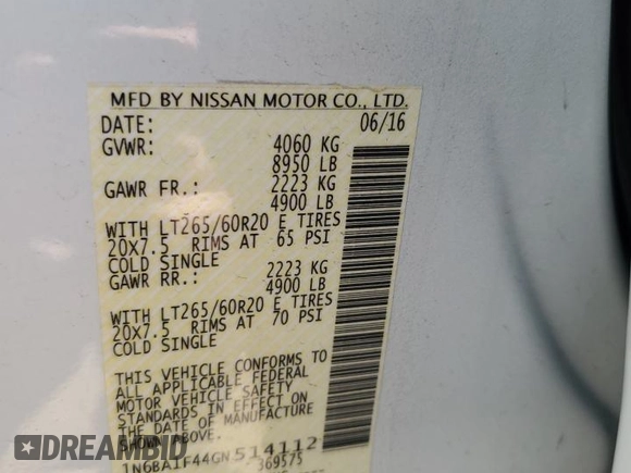 2016 Nissan Titan SL z VIN 1N6BA1F44GN514112, wystawiony jako Copart lot #48790075 z przebiegiem Nie podano mil oraz Szkoda całkowita • Salvage title. Historia ofert i sprzedaży dostępna na DreamBid. Obrazek 12.