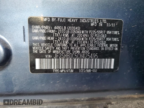 2012 Subaru Forester X Premium with VIN JF2SHBDC5CH425495, listed as a Copart auction lot 87422074 with Not Provided miles and Salvage Title. Bid and sale history available at DreamBid. Image 13.