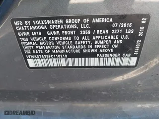 2015 Volkswagen Passat 1.8T S with VIN 1VWAS7A38FC116213, listed as a IAAI auction lot 41749385 with 169,599 mi miles. Bid and sale history available at carsss.com. Image 9.