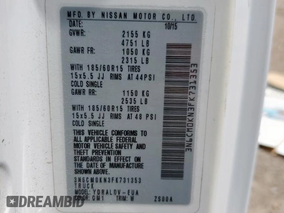 2015 Nissan NV200 SV with VIN 3N6CM0KN3FK731353, listed as a Copart auction lot 59541185 with 314,977 mi miles and Salvage title. Bid and sale history available at DreamBid. Image 13.