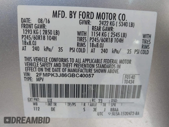 2016 Ford Edge SEL with VIN 2FMPK3J86GBC40057, listed as a IAAI auction lot 41513694 with 85,514 mi miles. Bid and sale history available at carsss.com. Image 9.