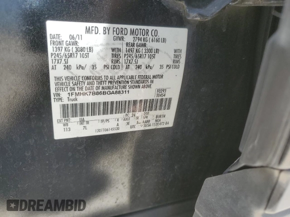 2011 Ford Explorer with VIN 1FMHK7B86BGA88311, listed as a Copart auction lot 56785675 with 227,749 mi miles and Salvage title. Bid and sale history available at DreamBid. Image 13.