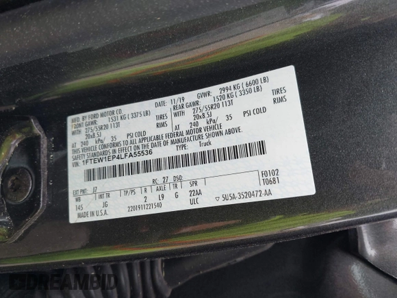 2020 Ford F-150 XL with VIN 1FTEW1EP4LFA55536, listed as a IAAI auction lot 41923442 with 99,859 mi miles and . Bid and sale history available at DreamBid. Image 9.
