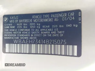 2004 BMW 6 Series 645Ci z VIN WBAEH73414B215075, wystawiony jako IAAI lot #42217507 z przebiegiem 213 360 mil mil oraz . Historia ofert i sprzedaży dostępna na DreamBid. Obrazek 9.