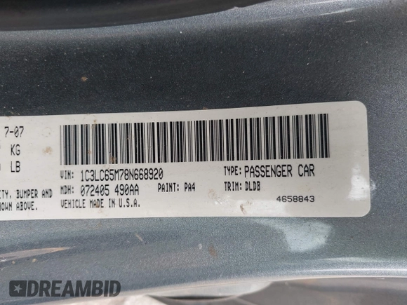 2008 Chrysler Sebring Limited with VIN 1C3LC65M78N668920, listed as a IAAI auction lot 42426675 with 168,713 mi miles and . Bid and sale history available at DreamBid. Image 9.
