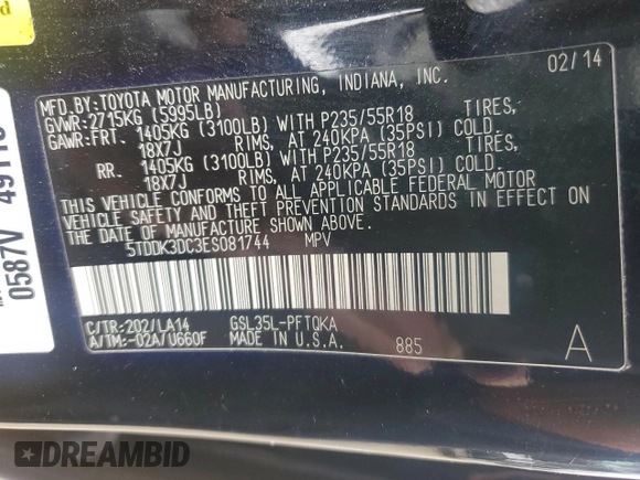 2014 Toyota Sienna Limited with VIN 5TDDK3DC3ES081744, listed as a Copart auction lot 43601485 with 139,222 mi miles and Salvage Title. Bid and sale history available at DreamBid. Image 14.