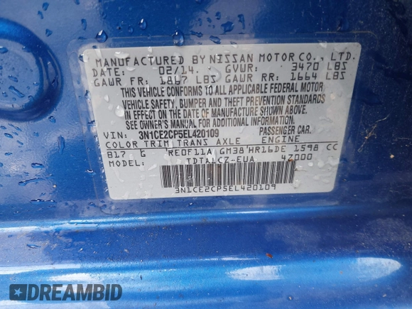 2014 Nissan Note SV with VIN 3N1CE2CP5EL420109, listed as a IAAI auction lot 41458448 with 100,941 mi miles and . Bid and sale history available at DreamBid. Image 9.