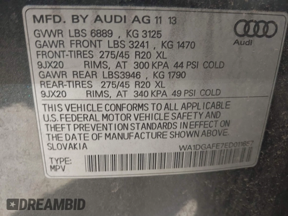 2014 Audi Q7 3.0T S line Prestige with VIN WA1DGAFE7ED011657, listed as a IAAI auction lot 41775200 with 149,395 mi miles. Bid and sale history available at carsss.com. Image 9.
