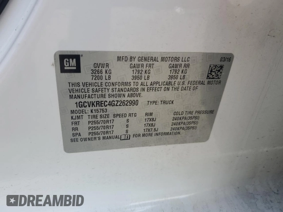 2016 Chevrolet Silverado 1500 LT with VIN 1GCVKREC4GZ262990, listed as a Copart auction lot 53891565 with 175,564 mi miles and Salvage Title. Bid and sale history available at DreamBid. Image 12.