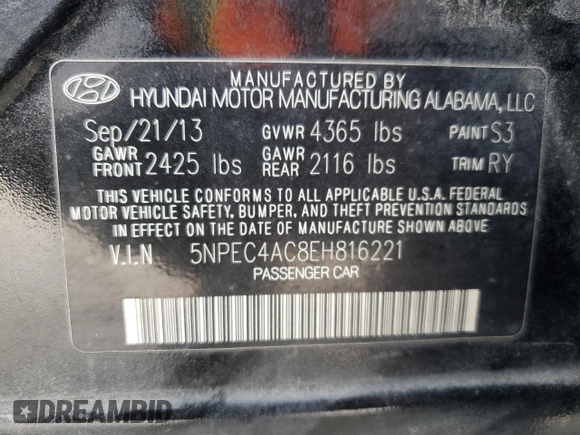 2014 Hyundai Sonata SE with VIN 5NPEC4AC8EH816221, listed as a Copart auction lot 44825285 with 128,043 mi miles and Salvage Title. Bid and sale history available at DreamBid. Image 12.